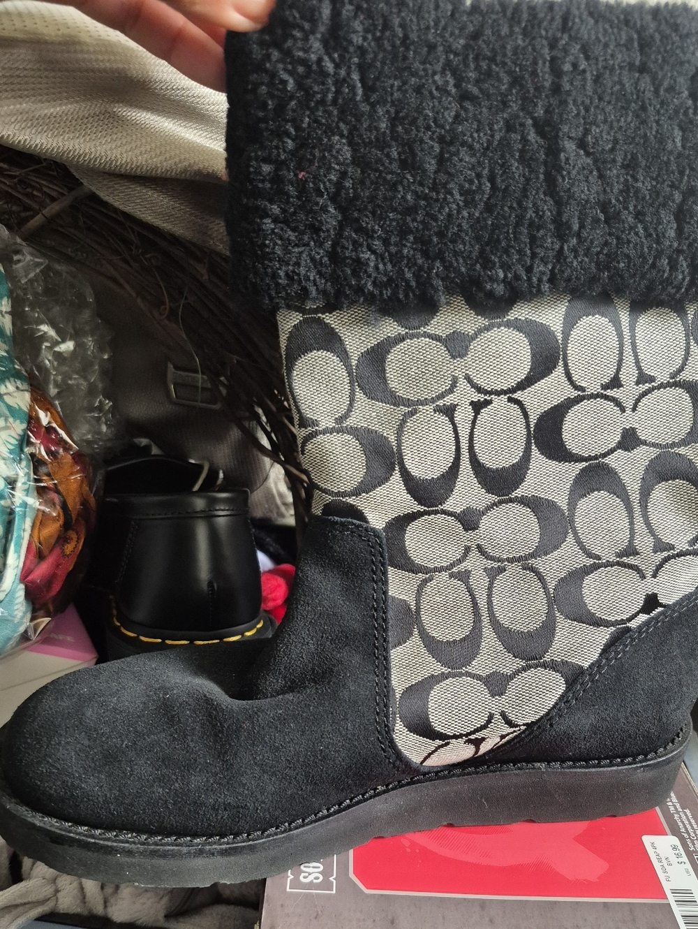 Coach Kally Signature Black Gray Canvas Mid Calf Boots 8.5 Logo Monogram NWT